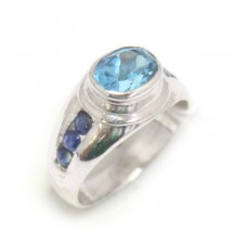 Ring Silver 925 Sterling Unisex Natural Topaz Blue Sapphire Stone Handmade C954